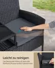 A hand is shown pressing down on a cushion of a black rattan chair, with text below indicating ease of cleaning. A smaller inset image shows a hand unzipping a cushion cover. Produktbild-Vorschau