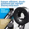 Close-up shots of a black shower head, highlighting its features and benefits with German text overlays. Produktbild-Vorschau