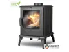 A black cast iron wood-burning stove with a fire burning inside, set against a white background. Náhľad obrázku produktu