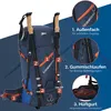 A blue backpack with orange accents, featuring hiking poles attached. Callouts highlight different features of the backpack. Produktbild-Vorschau