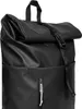 A close-up view of the top portion of a black roll-top backpack. Voir les images du produit