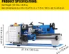 A blue and white mini lathe is shown on a white background with dimension lines and product specifications. Produktbild-Vorschau