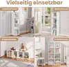 Collage showing a white bookshelf in different room settings: office, living room, children's room, and bedroom. Produktbild-Vorschau