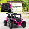 A pink and black children's ride-on toy car with various features highlighted by text overlays and musical notes. Anteprima dell’immagine prodotto