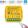 A yellow smart home device with wiring diagrams and compatibility logos, shown with a smartphone displaying a control interface. Náhled obrázku produktu