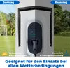 A wall-mounted charging station is shown in a split image, illustrating its suitability for different weather conditions. Náhled obrázku produktu