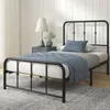 Zinus Schwarzes Metallbett mit abgerundeten Kanten in eingerichtetem Schlafzimmer mit blauer Bettwäs Produktbild-Vorschau