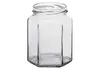 A clear, studio shot of an empty, hexagonal glass jar against a white background. Produktbild-Vorschau