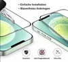 A close-up marketing image showing two iPhones with screen protectors being applied or already applied. The image highlights features like easy installation and bubble-free application, along with icons representing scratch resistance, anti-fingerprint, an Produktbild-Vorschau