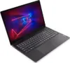 A black Lenovo V15 laptop is shown from a diagonal angle, with the screen displaying a colorful abstract image. Produktbild-Vorschau