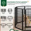 A dog inside a black metal playpen, with diagrams of different configurations of the playpen shown on the left. Produktbild-Vorschau