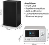 A product image showing a micro audio system and a speaker, with dimensions and connection details listed. Produktbild-Vorschau
