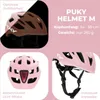 A collage of images showcasing a pink bicycle helmet with different views and features. Náhled obrázku produktu