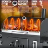 A cutaway view of a grill showing food being cooked, with marketing text overlays highlighting features. Produktbild-Vorschau