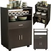 A collage of kitchen storage units, including a rolling cart and a cabinet with shelves and drawers. Náhled obrázku produktu