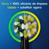 A split image showing a new and used toothbrush head, with text comparing their cleaning efficacy. Anteprima dell’immagine prodotto