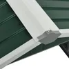 A close-up view of the corner of a green metal roof structure with white and gray trim. Podgląd zdjęcia produktu