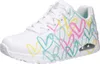 A single white Skechers sneaker with a colorful heart pattern. Produktbild-Vorschau
