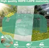 A green greenhouse is shown in an outdoor setting, with overlays indicating weather protection and material quality. Náhled obrázku produktu