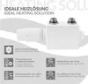 A close-up of a white heating valve fitting with accompanying feature descriptions and technical specifications. Náhľad obrázku produktu
