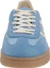 A close-up front view of a blue sneaker with beige laces and a brown sole. Produktbild-Vorschau