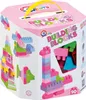 A pink hexagonal box for a building block set, showing examples of built structures. Produktbild-Vorschau