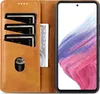 A brown leather wallet-style phone case with card slots and a phone inserted. The phone screen displays a colorful abstract image. Produktbild-Vorschau