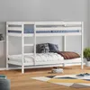 A white wooden bunk bed with blue and white checkered bedding and a decorative pillow. Produktbild-Vorschau