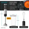 A product image showing a hand blender, a measuring cup, and a whisk attachment, with accompanying text detailing product specifications and features. Produktbild-Vorschau