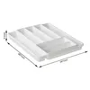A white plastic cutlery organizer with multiple compartments, shown from a slightly elevated angle with dimensions indicated by lines and text. Produktbild-Vorschau