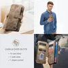 A collage of images showing a brown leather wallet phone case, a man holding the wallet, and a close-up of the wallet's card slots and zipper. Produktbild-Vorschau