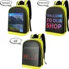 A collage of three yellow and black backpacks with LED screens displaying different content. Podgląd zdjęcia produktu