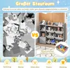 A split image showing a messy room on the left and an organized toy shelf on the right, with icons at the bottom representing different categories of items. Podgląd zdjęcia produktu
