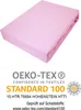 A folded pink fitted sheet is shown on a white background, with OEKO-TEX certification details below. Produktbild-Vorschau