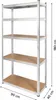 A metal shelving unit with wooden shelves, shown in a studio setting with dimensions indicated. Produktbild-Vorschau