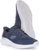A pair of blue Skechers sneakers are shown against a white background. One shoe is upright, and the other is placed behind it, showing its sole. Náhľad obrázku produktu