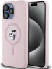 A pink iPhone 15 Pro Max case with a Karl Lagerfeld and Choupette design is shown next to the phone it is designed for. Produktbild-Vorschau