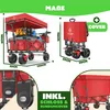 Collage of images showing a red foldable wagon with dimensions and features highlighted. Produktbild-Vorschau