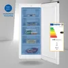 An open freezer with food inside, a blue overlay highlighting the interior, and an energy efficiency label on the right. Produktbild-Vorschau