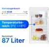 A white refrigerator with its door open, showing shelves stocked with food items. Text overlays provide information about the product's noise level, temperature range, and capacity. Produktbild-Vorschau