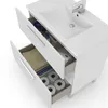 A white bathroom vanity with two open drawers, revealing toiletries, towels, and toilet paper. Produktbild-Vorschau