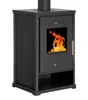A black wood-burning stove with a glass door showing flames. Náhled obrázku produktu