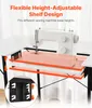 A sewing machine is placed on a white table with an adjustable shelf underneath. The image highlights the adjustable shelf feature. Produktbild-Vorschau