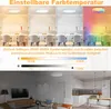 A collage showing a ceiling light with adjustable color temperature and brightness, and a living room/kitchen scene. Produktbild-Vorschau