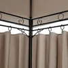 A close-up view of the corner of a gazebo, showing the black metal frame, the taupe fabric canopy, and the taupe curtains hanging from rings. Produktbild-Vorschau