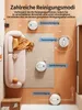 A collage showing a robot vacuum cleaner in different cleaning modes in a living room setting. Produktbild-Vorschau