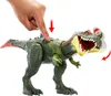 A hand is shown pressing down on the back of a toy dinosaur, demonstrating a feature that causes its mouth to open. Náhľad obrázku produktu