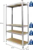 A silver metal shelving unit with four wooden shelves, shown against a white background. Dimensions and weight capacity are indicated by text and icons. Náhled obrázku produktu