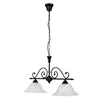 A black chandelier with two white frosted glass shades, suspended by a chain against a white background. Produktbild-Vorschau