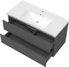 A top-down view of a dark gray bathroom vanity with a white ceramic sink and two open drawers. Produktbild-Vorschau